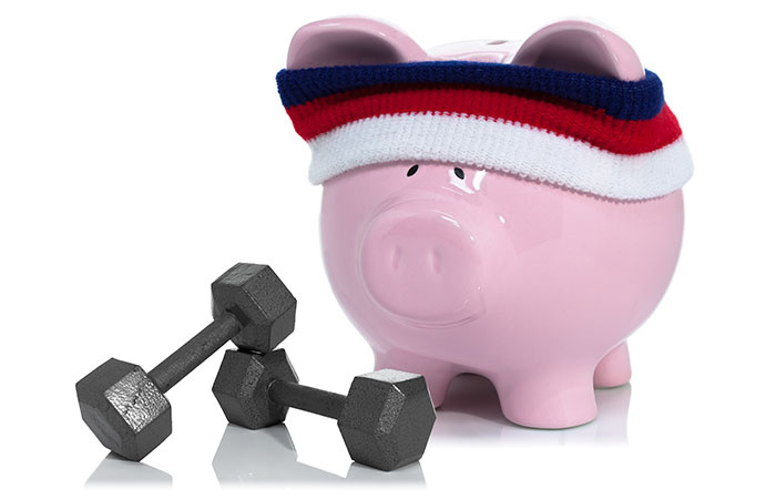 Bluewave credit union piggy bank with dumbells